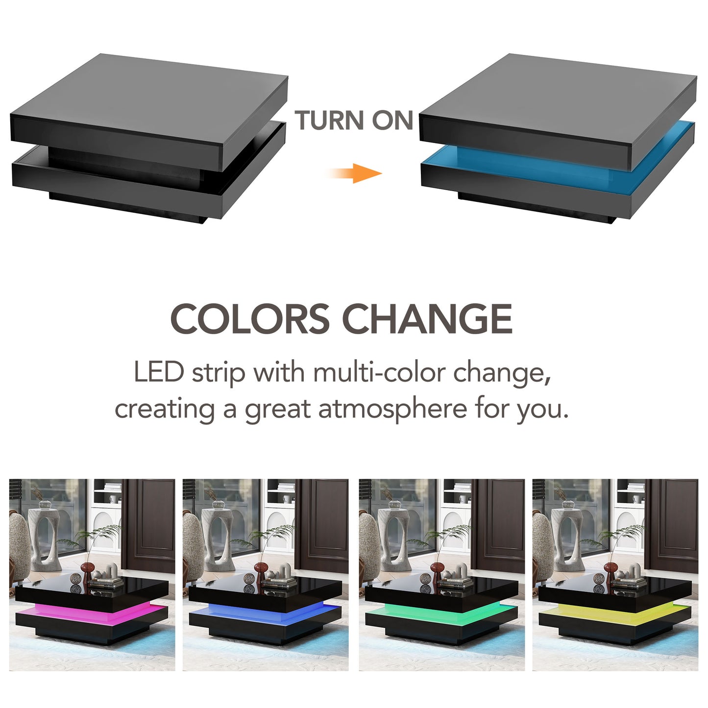 黑色高光LED双层方型茶几