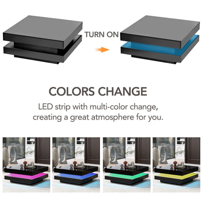 黑色高光LED双层方型茶几
